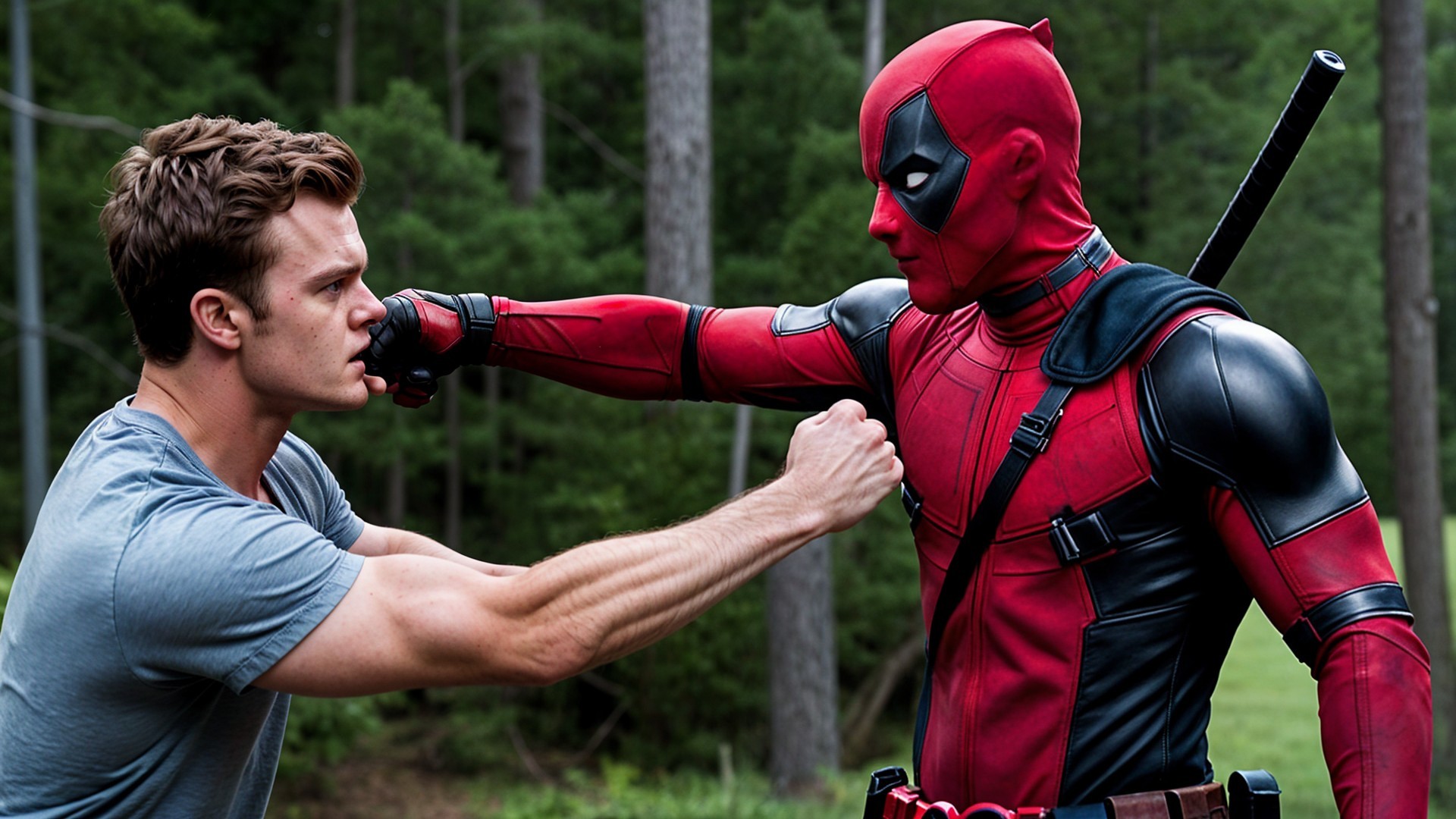 Outdoor Mock Fight Between a Muscular Man and Superhero