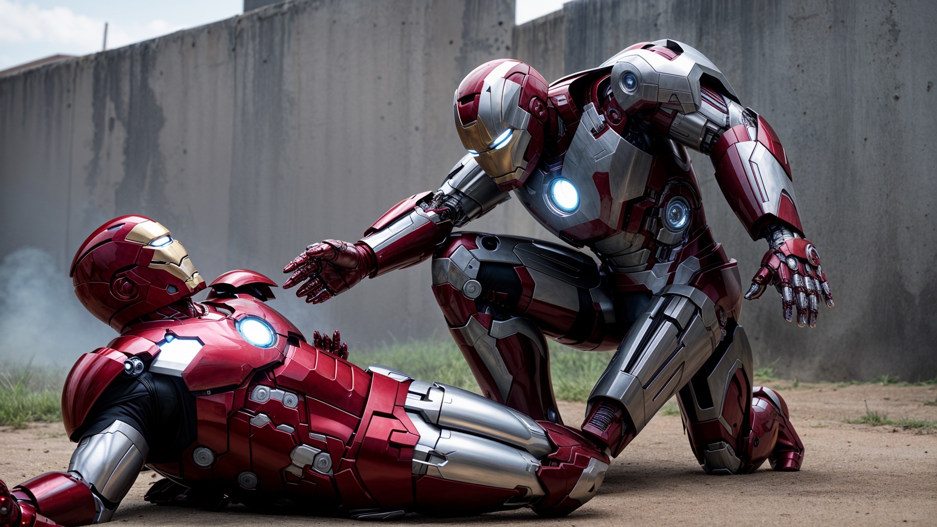 Iron Man Suits in Gritty Outdoor Scene with Smoke