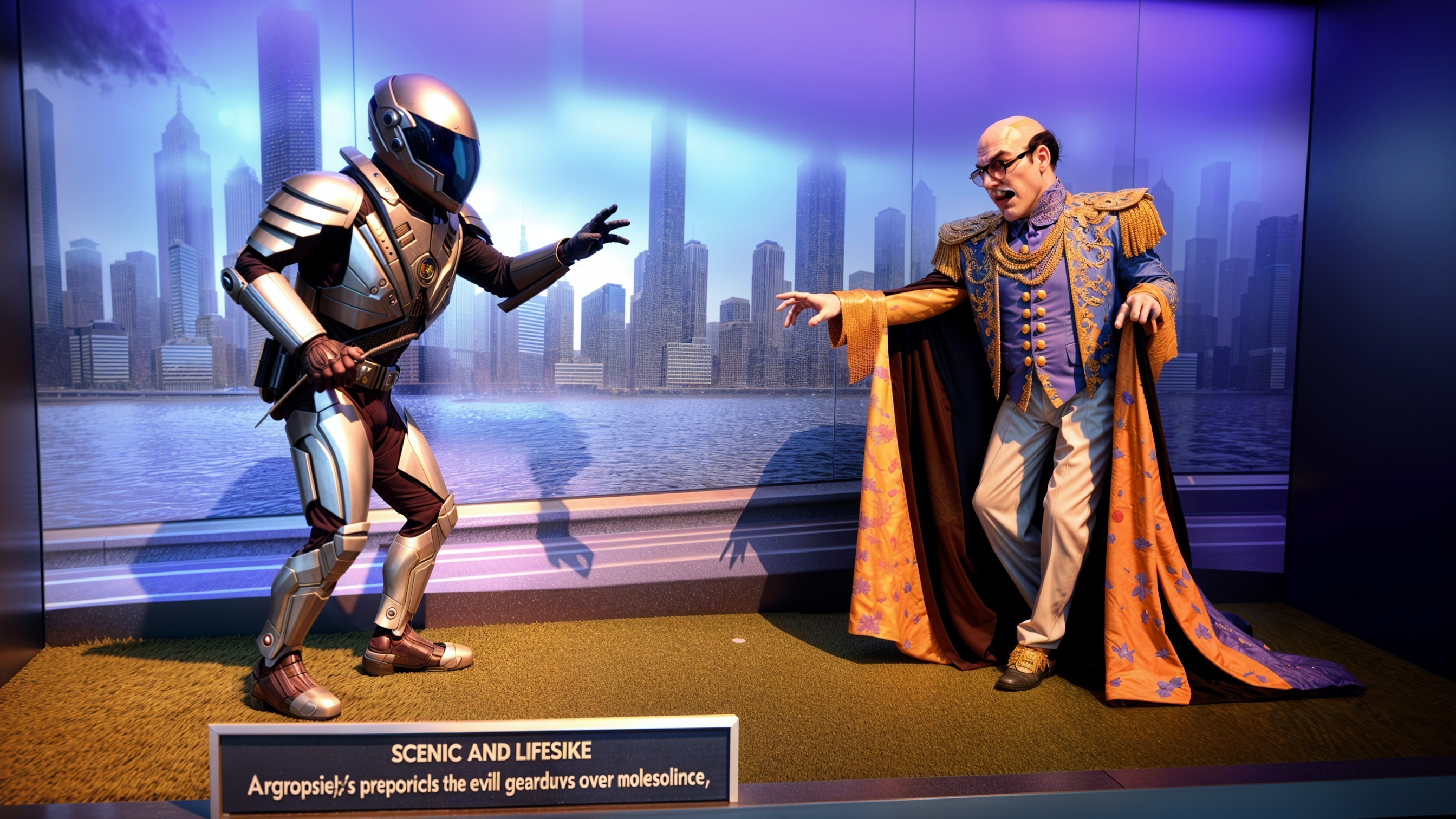 Futuristic Robot and Theatrical Character Confrontation