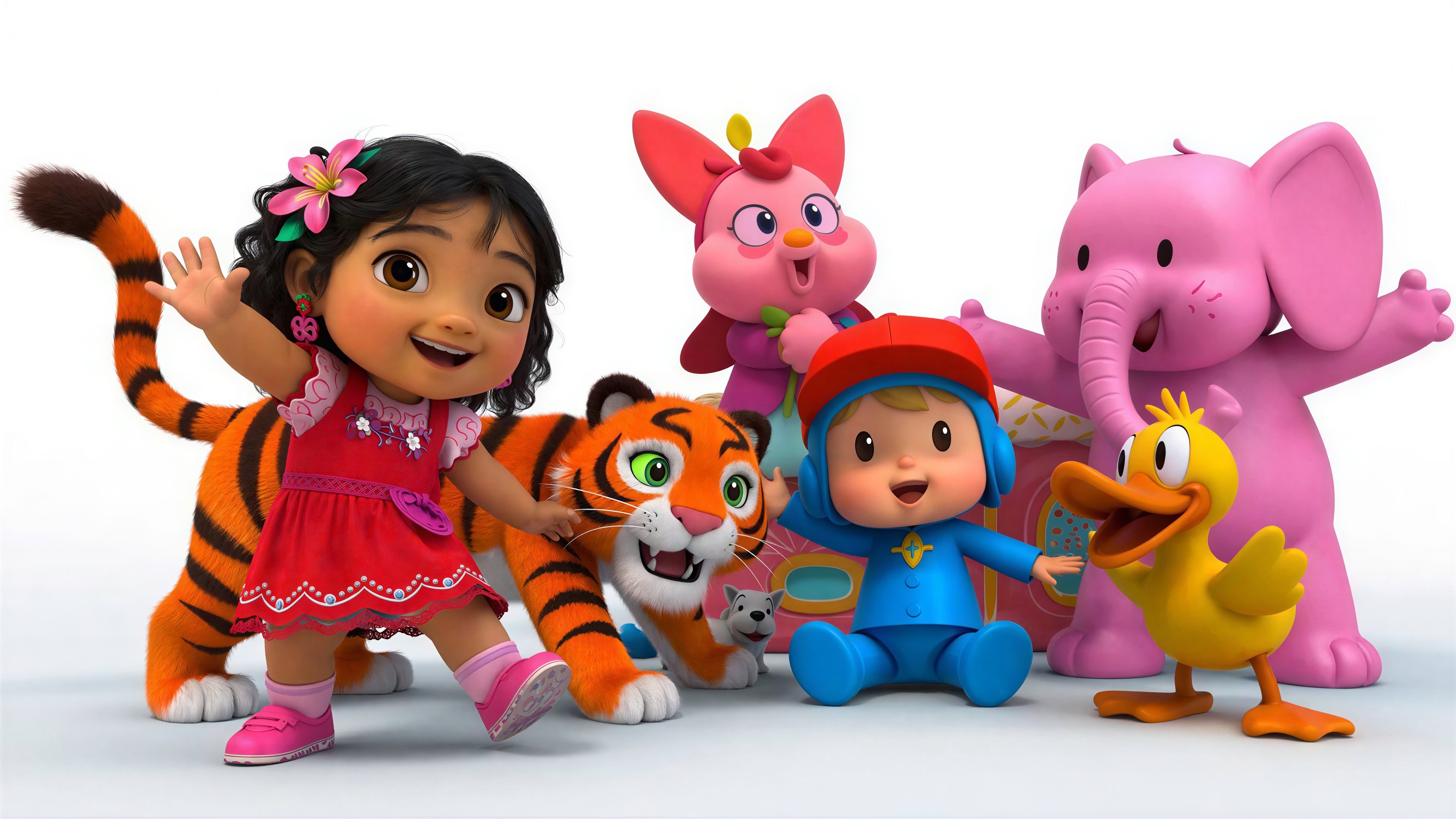 Cartoon Girl with Tiger and Baby Boy in Colorful Scene