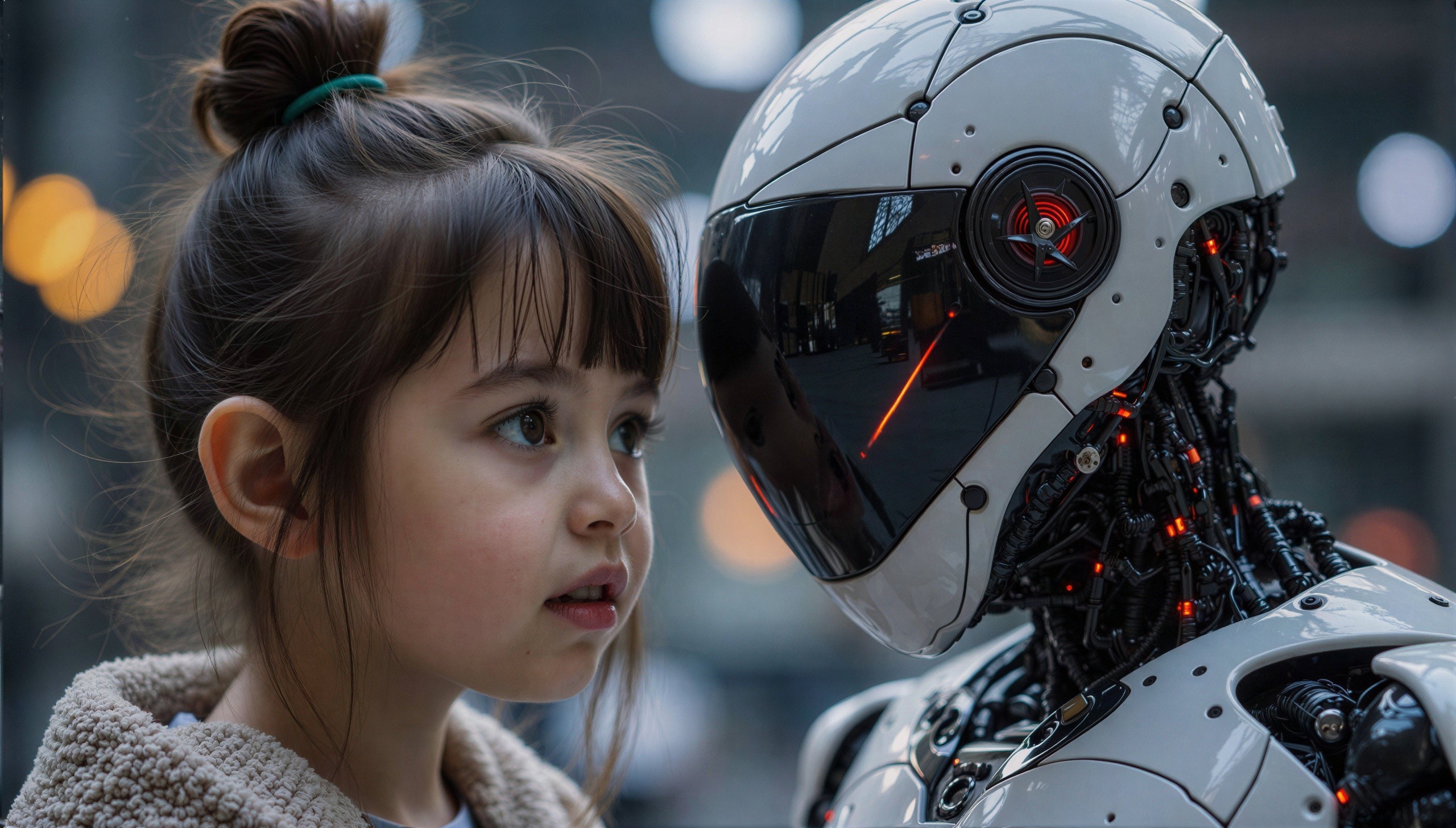 Close-up of a girl and a robot with bokeh background