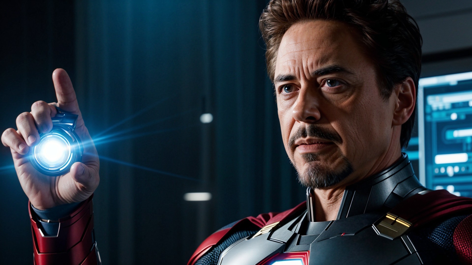 Futuristic figure in high-tech environment with glowing device