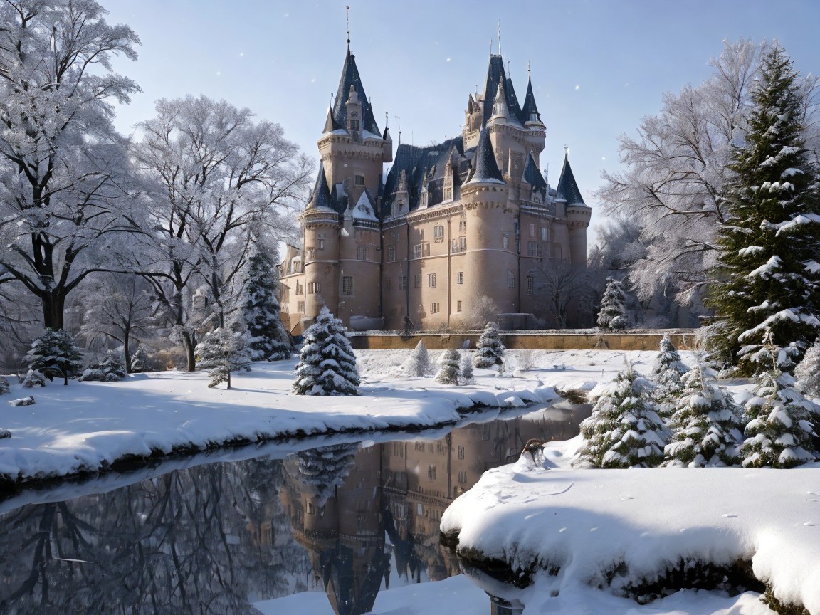 Majestic Castle in a Winter Wonderland Landscape