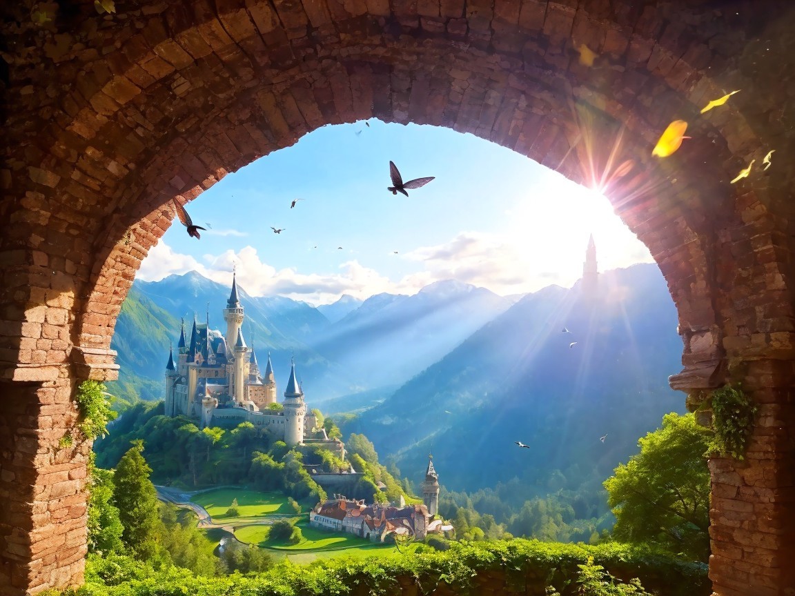 Majestic castle among green hills at sunset