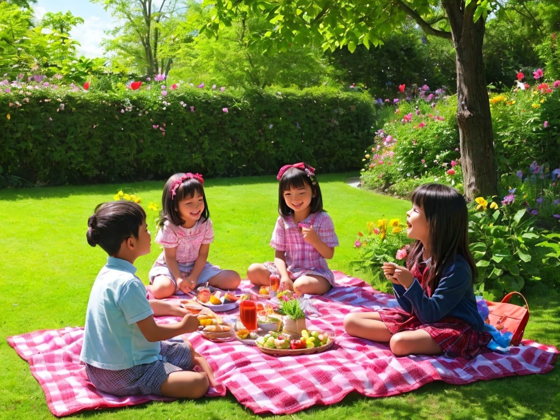 Children Enjoying a Picnic in a Colorful Garden