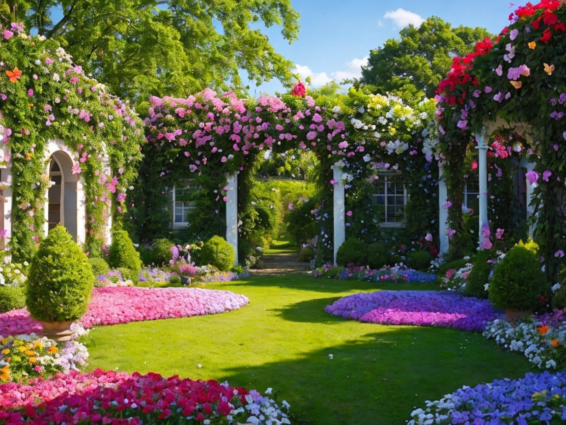 Vibrant Garden Scene with Colorful Flowers and Greenery