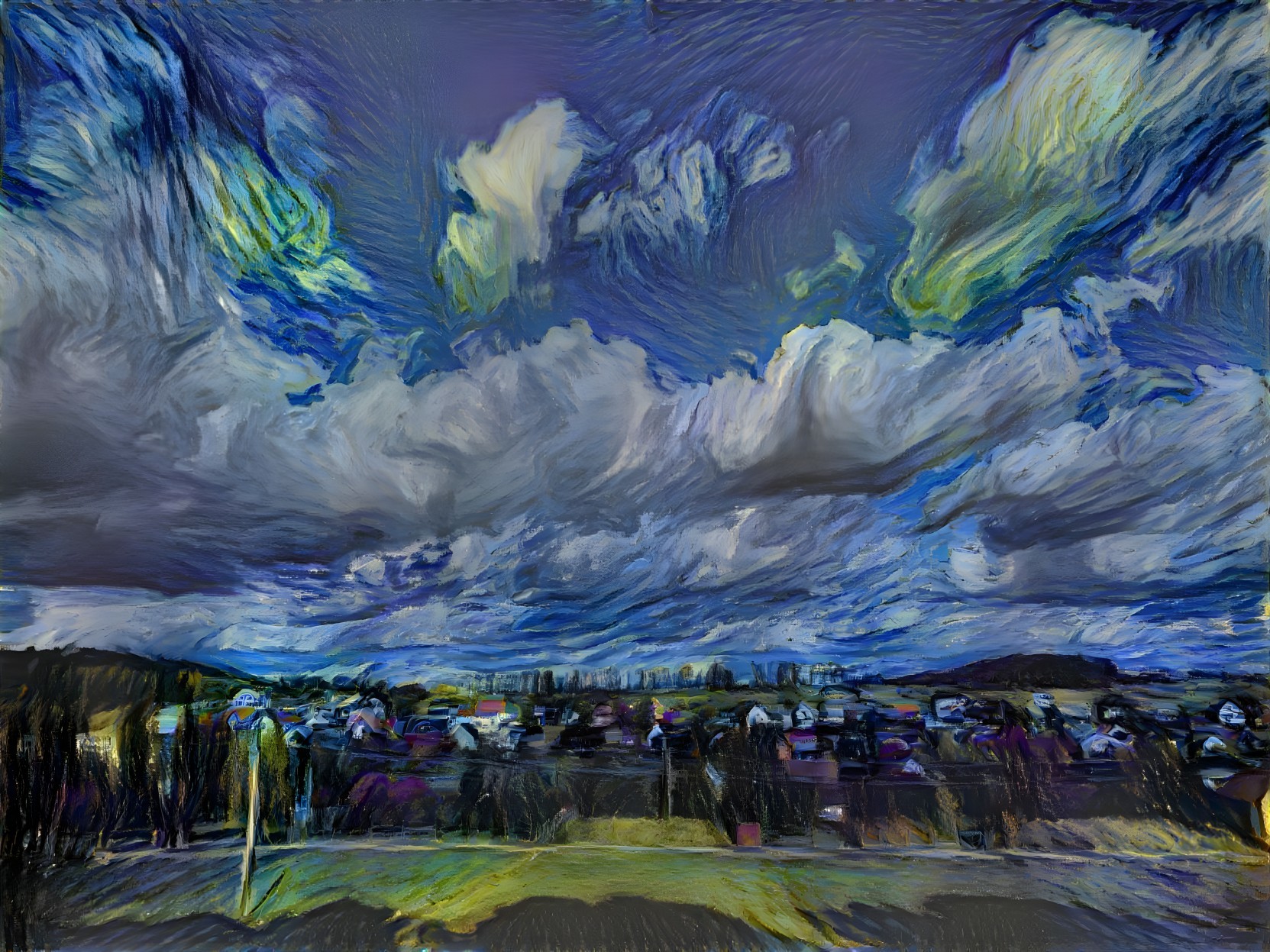 Dramatic Sky with Clouds Over a Village Landscape