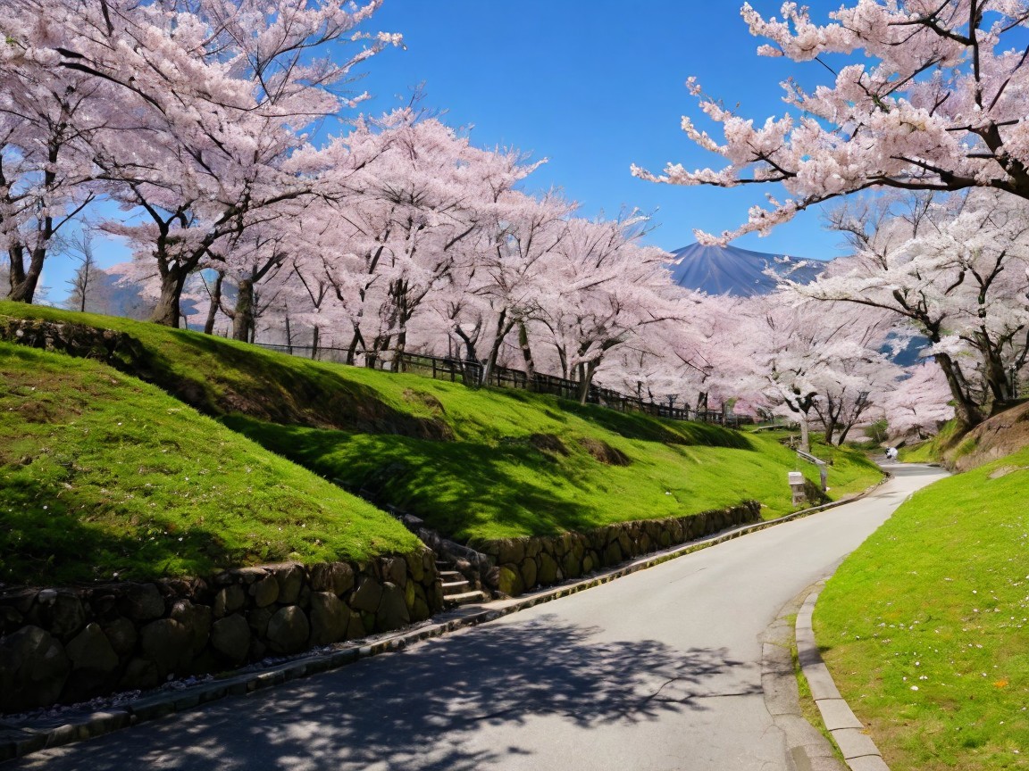 Serene Pathway Through Cherry Blossoms and Mountains