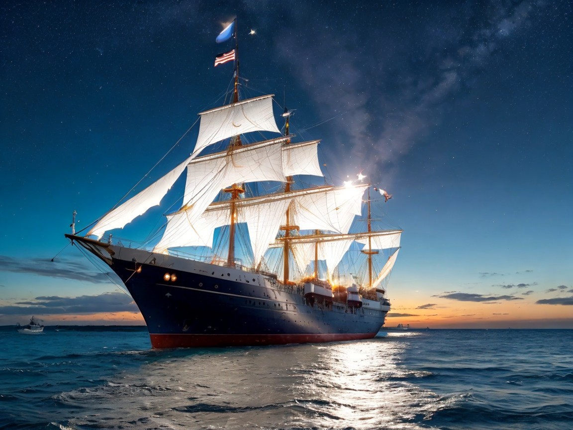 Tall Ship Sailing at Sunset in Calm Waters