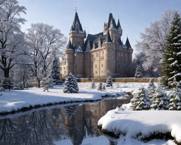 Majestic Castle in a Winter Wonderland Landscape