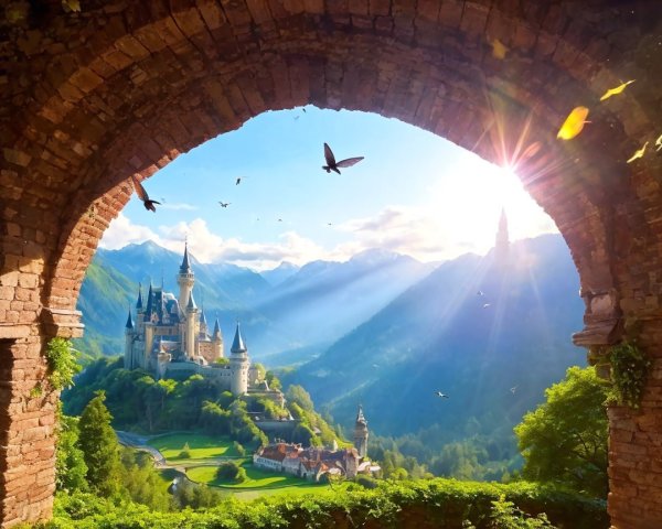 Majestic castle among green hills at sunset