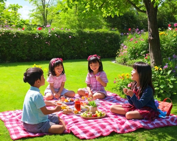 Children Enjoying a Picnic in a Colorful Garden