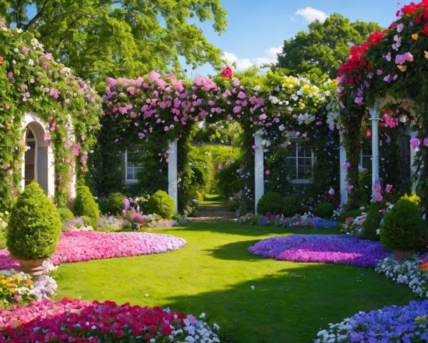 Vibrant Garden Scene with Colorful Flowers and Greenery