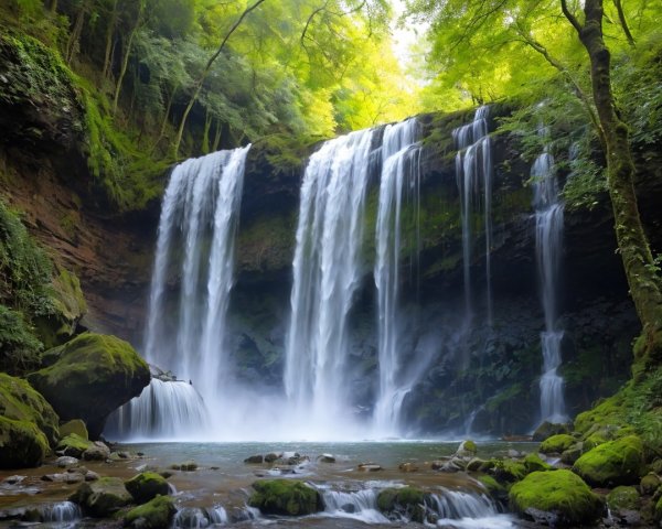 Serene Waterfall Surrounded by Lush Greenery