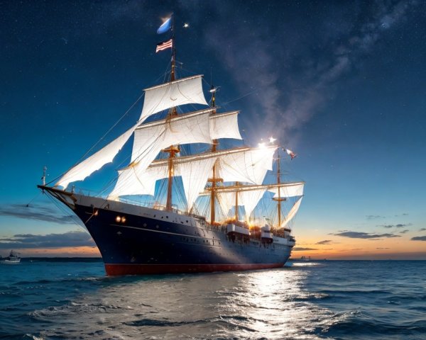 Tall Ship Sailing at Sunset in Calm Waters