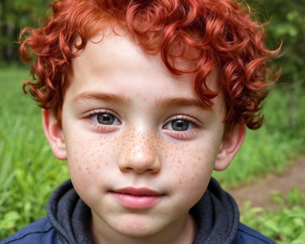 Portrait of a boy with red curly hair in nature