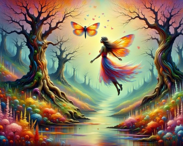 Whimsical Landscape with Butterfly Wings and Flora