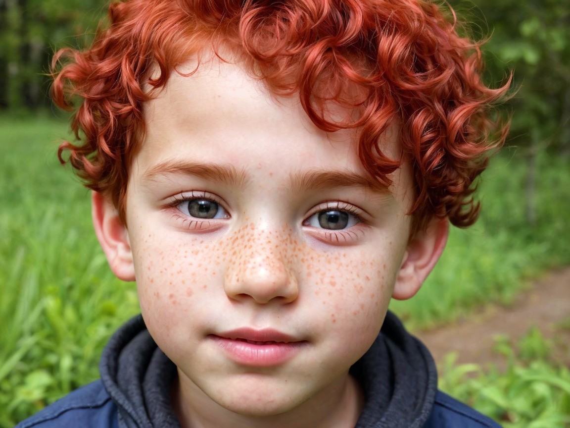 Portrait of a boy with red curly hair in nature
