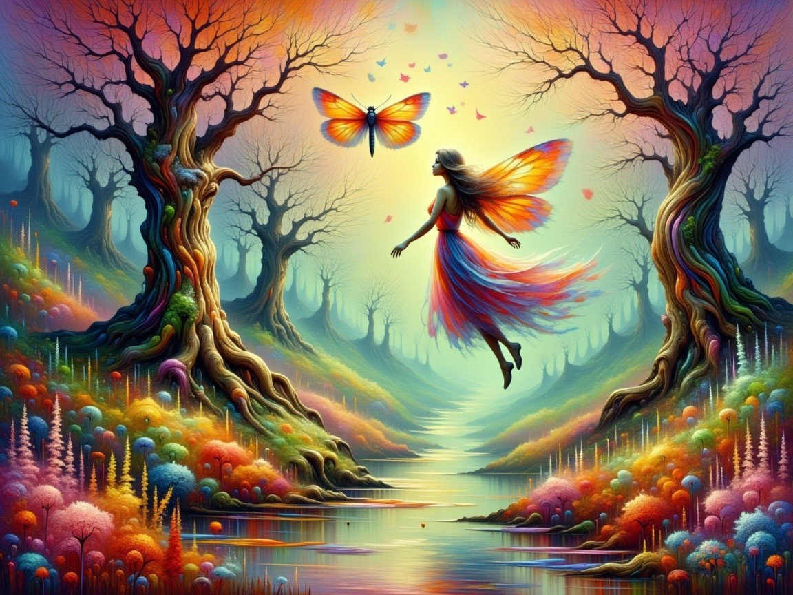 Whimsical Landscape with Butterfly Wings and Flora