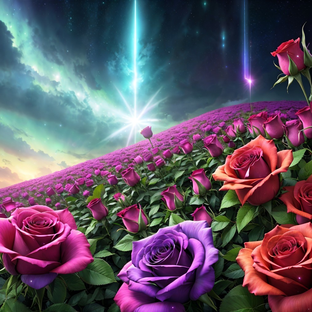 Vibrant Field of Multicolored Roses Under Dramatic Sky