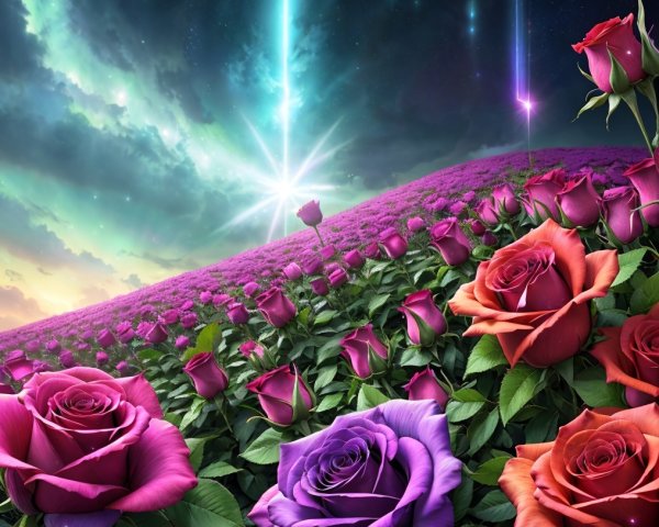 Vibrant Field of Multicolored Roses Under Dramatic Sky