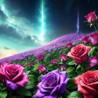 Vibrant Field of Multicolored Roses Under Dramatic Sky
