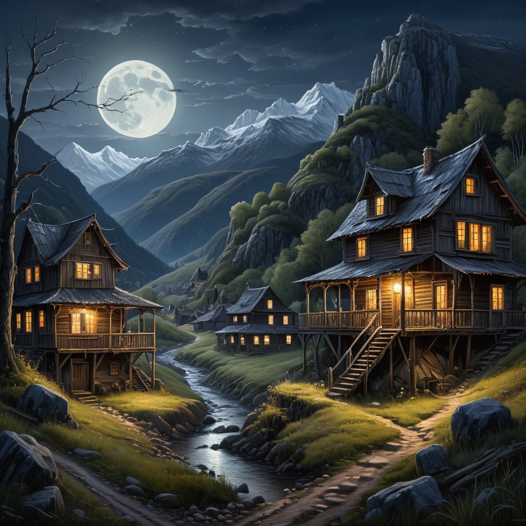 Moonlit Mountain Village with Wooden Houses and Creek