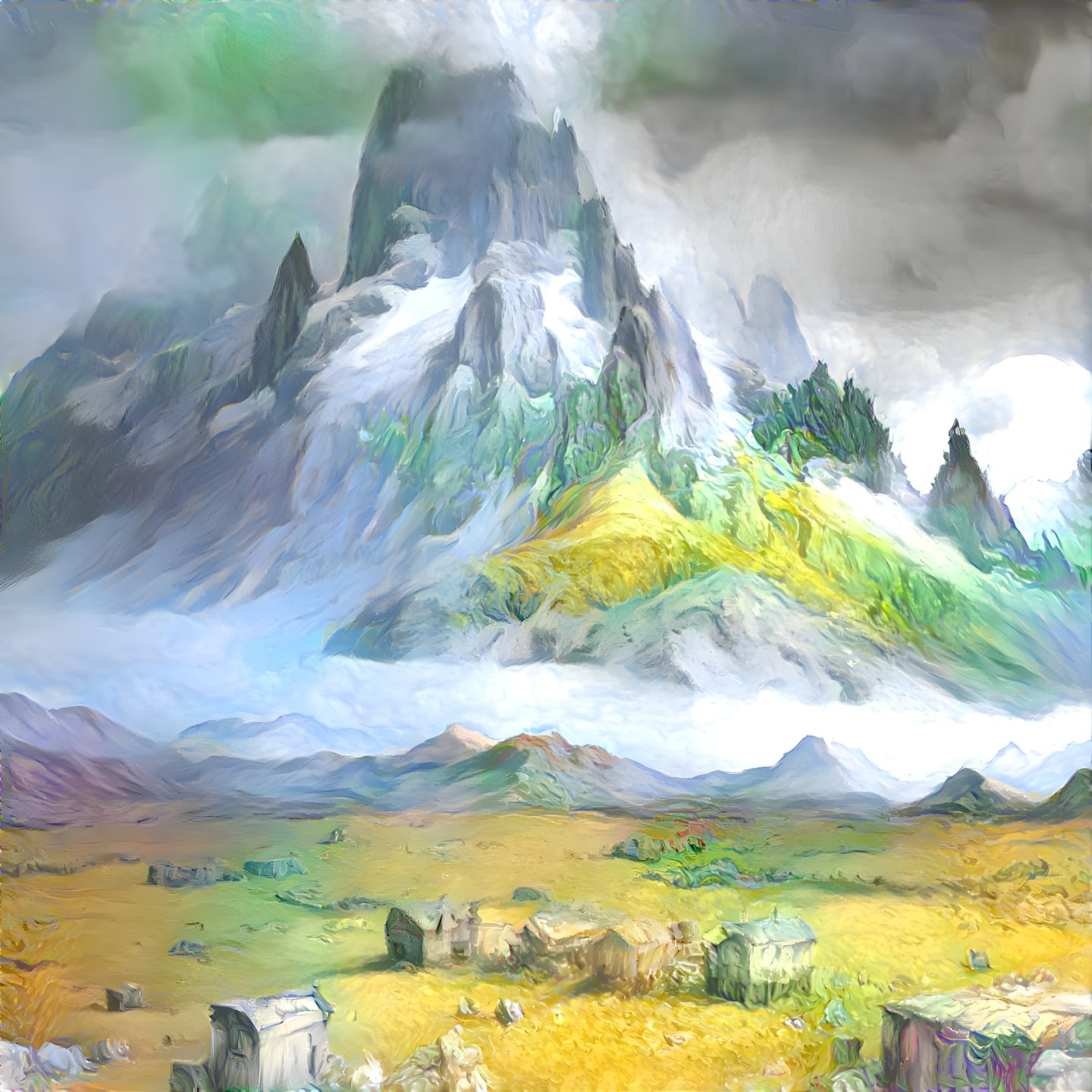 Ethereal Landscape with Jagged Mountains and Valleys