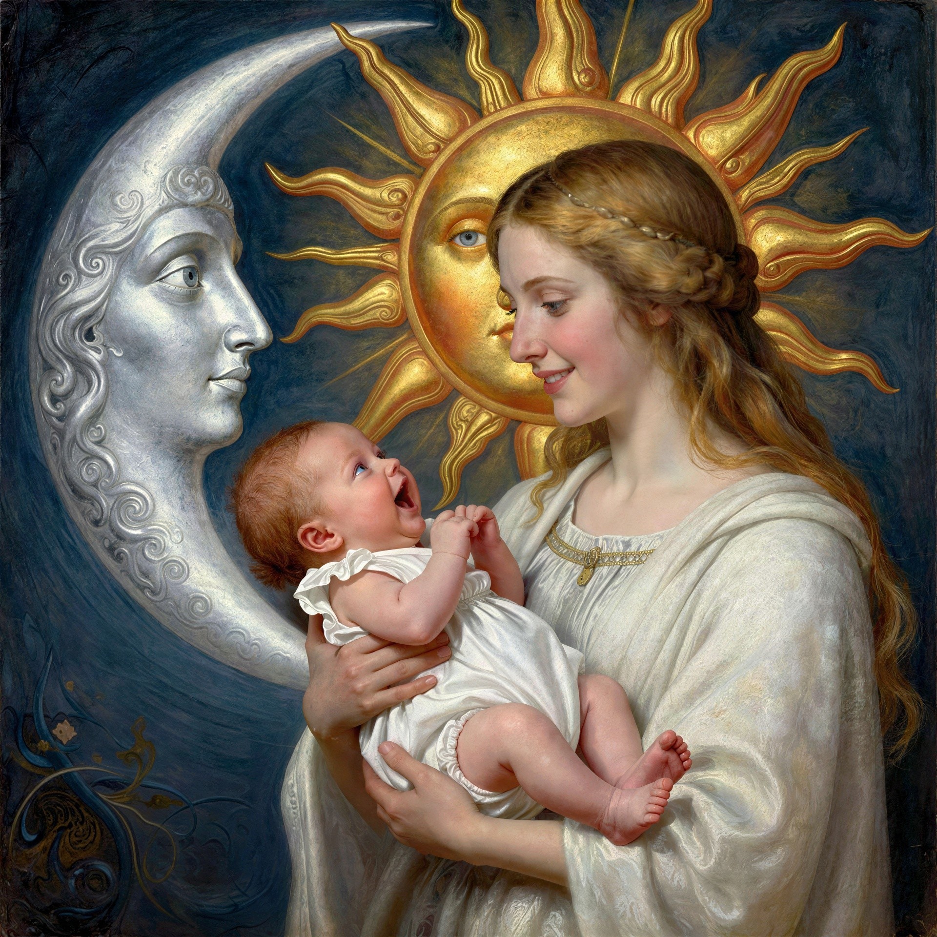 Dutch Mythological Realism Painting of a Woman and Baby