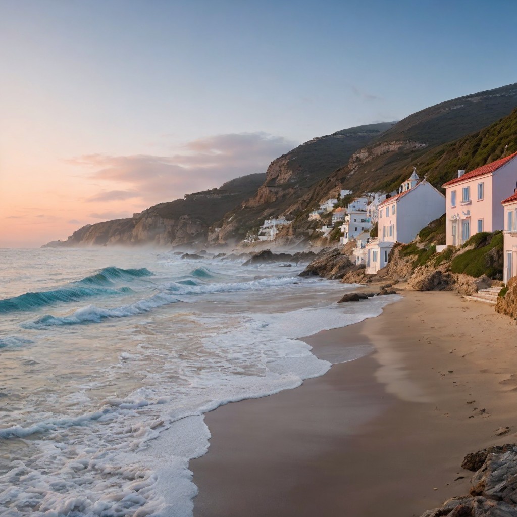 Tranquil Beach at Sunset with Colorful Cliffs