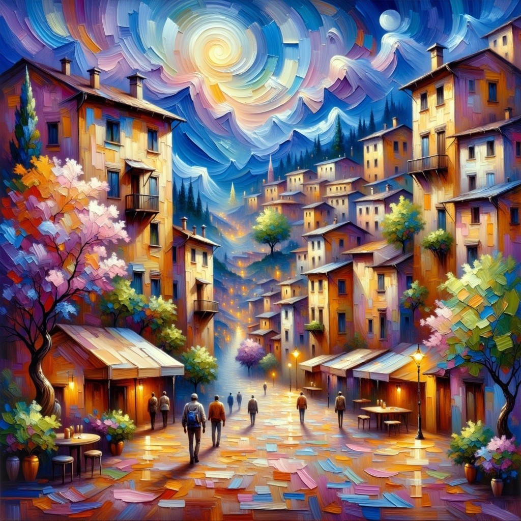 Vibrant Fauvist Hillside Town with Colorful Night Sky