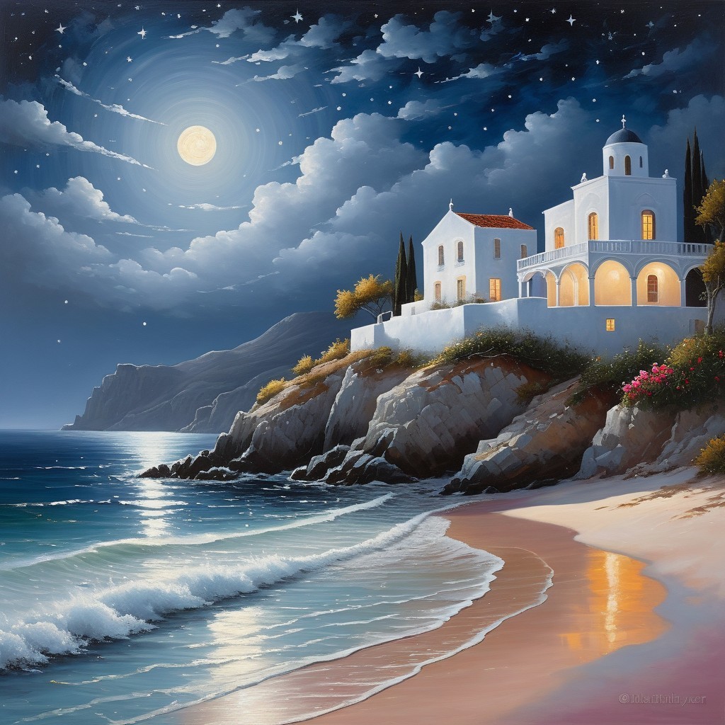 Moonlit Coastal Scene with House on Rocky Cliff