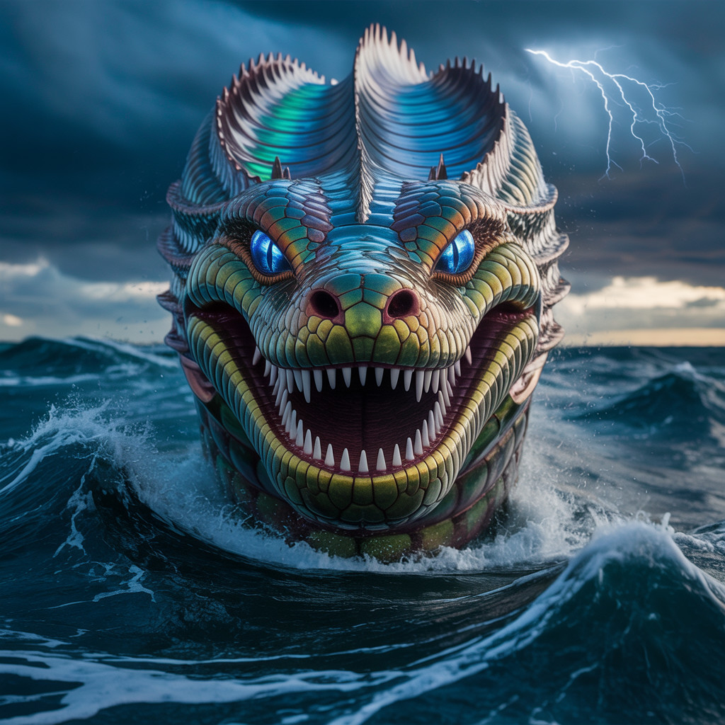 Fantastical dragon rising from turbulent ocean waters