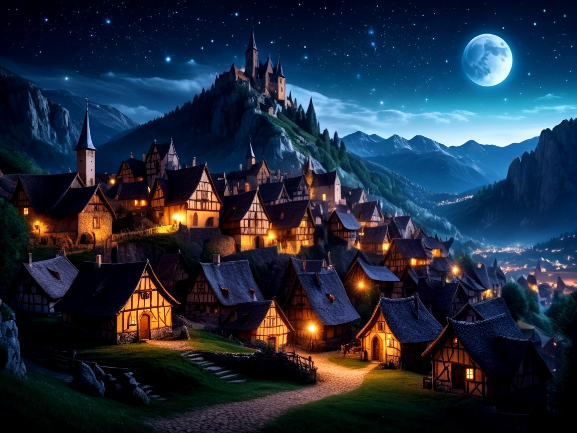Medieval Village with Castle Under Starry Night Sky