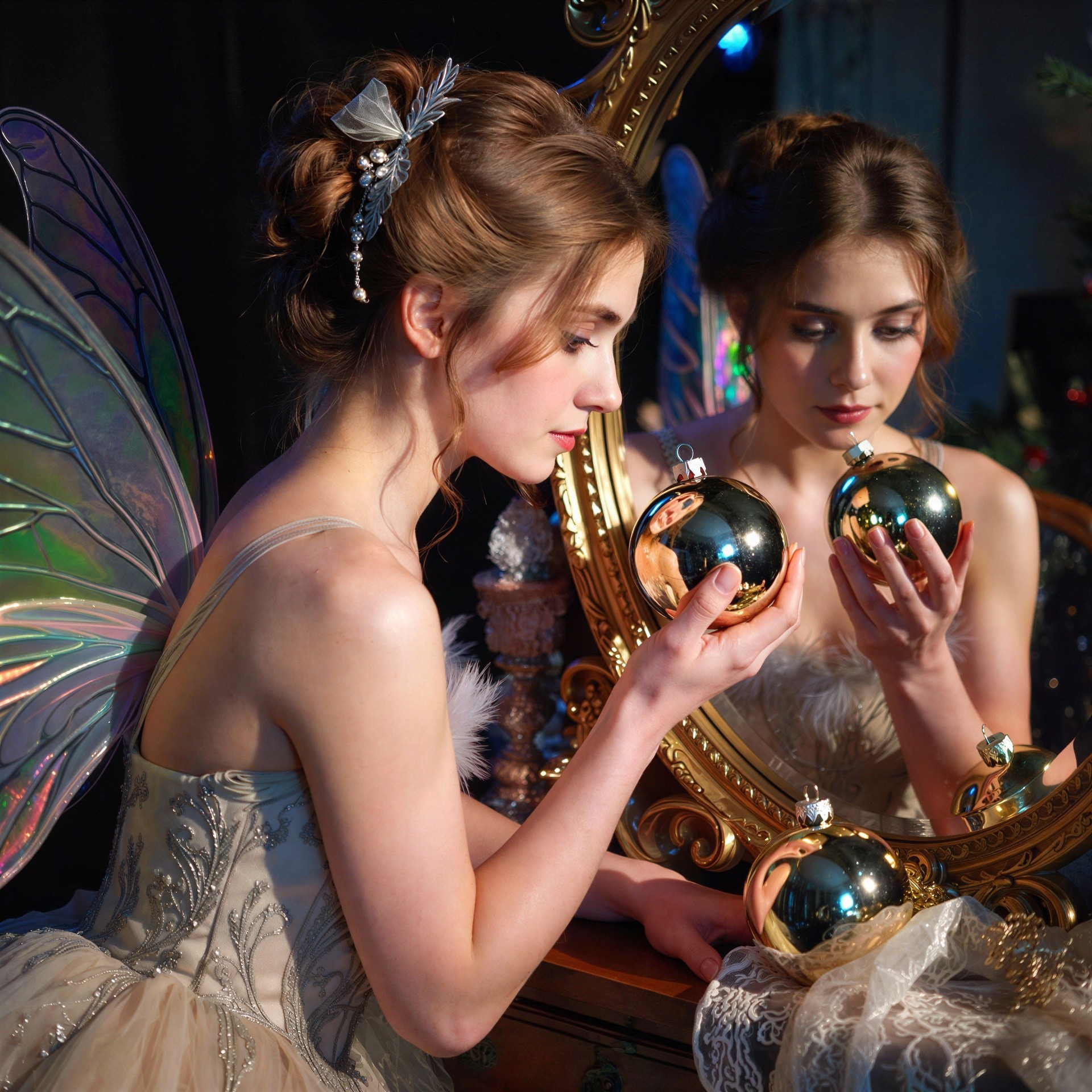 Close-up of a young fairy with auburn hair and wings