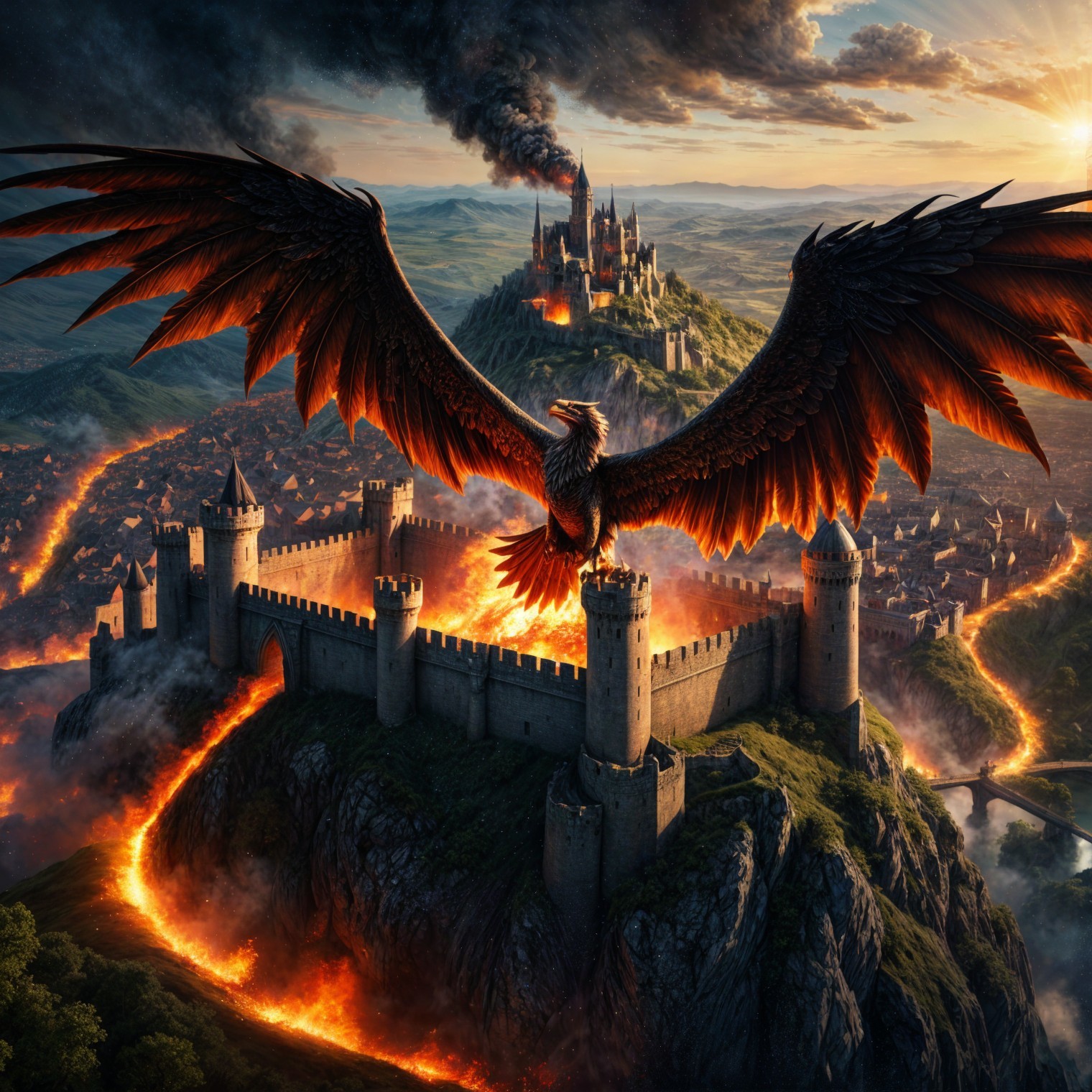 Phoenix Above Castle Surrounded by Lava and Smoke
