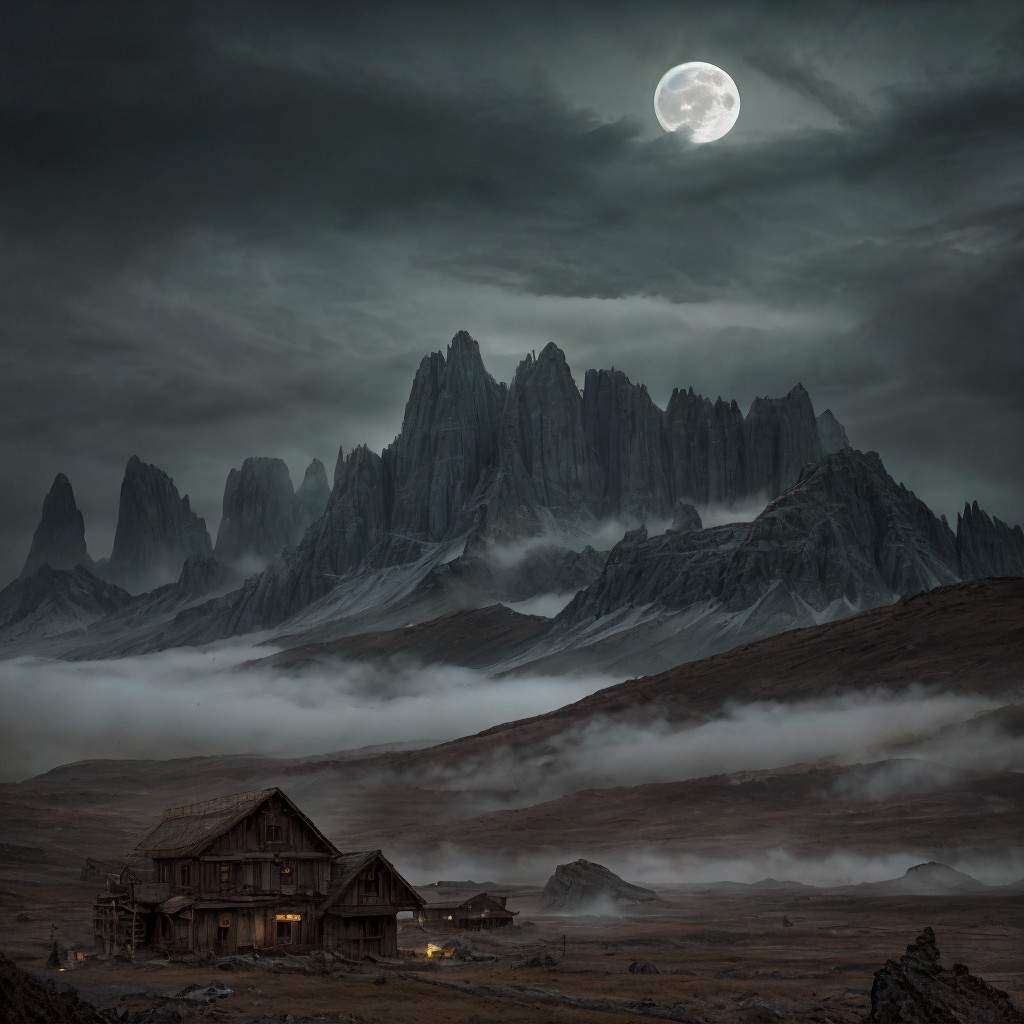 Rustic Cabin in Foggy Valley Under Dramatic Night Sky