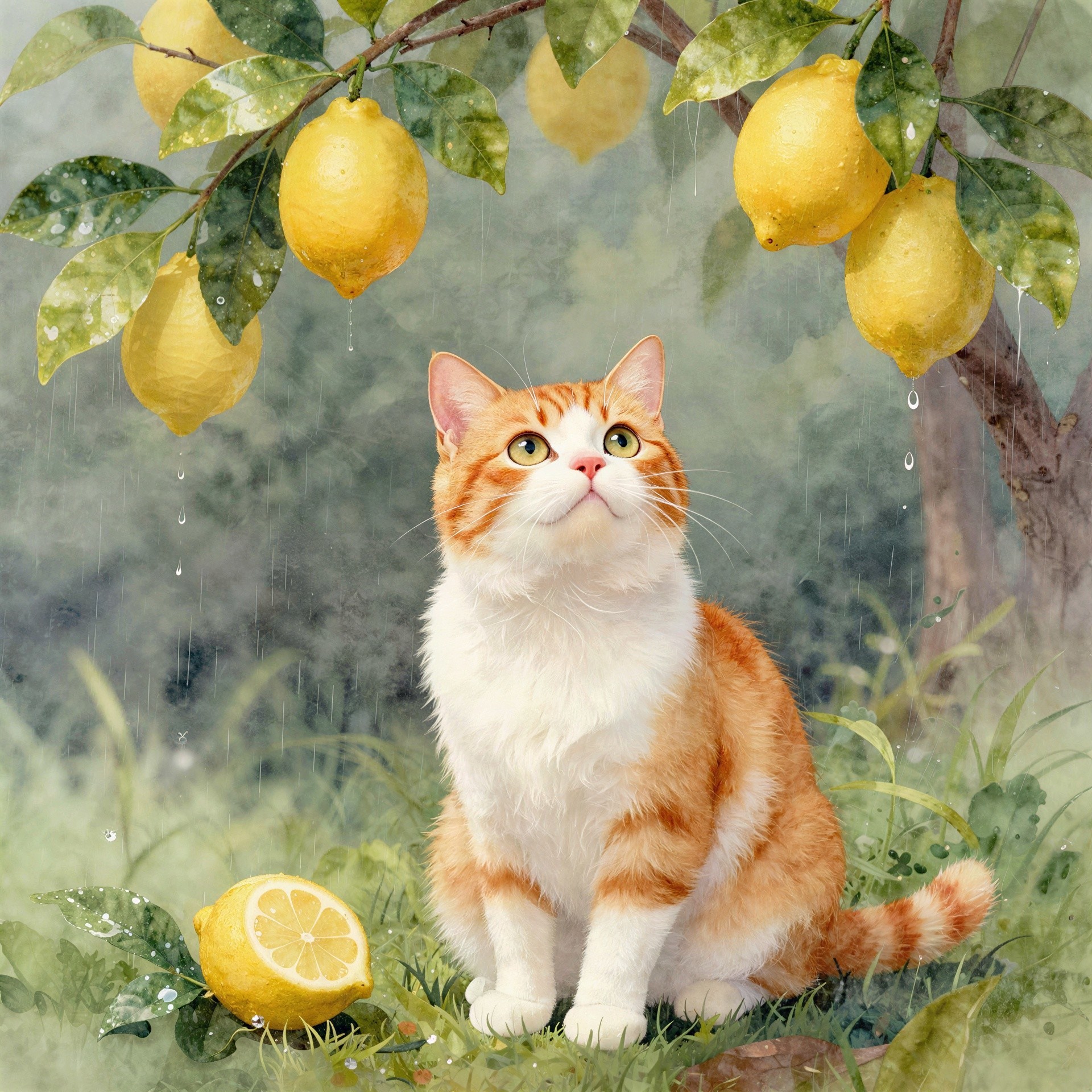 Watercolor Painting of Cat in Lemon Tree Setting