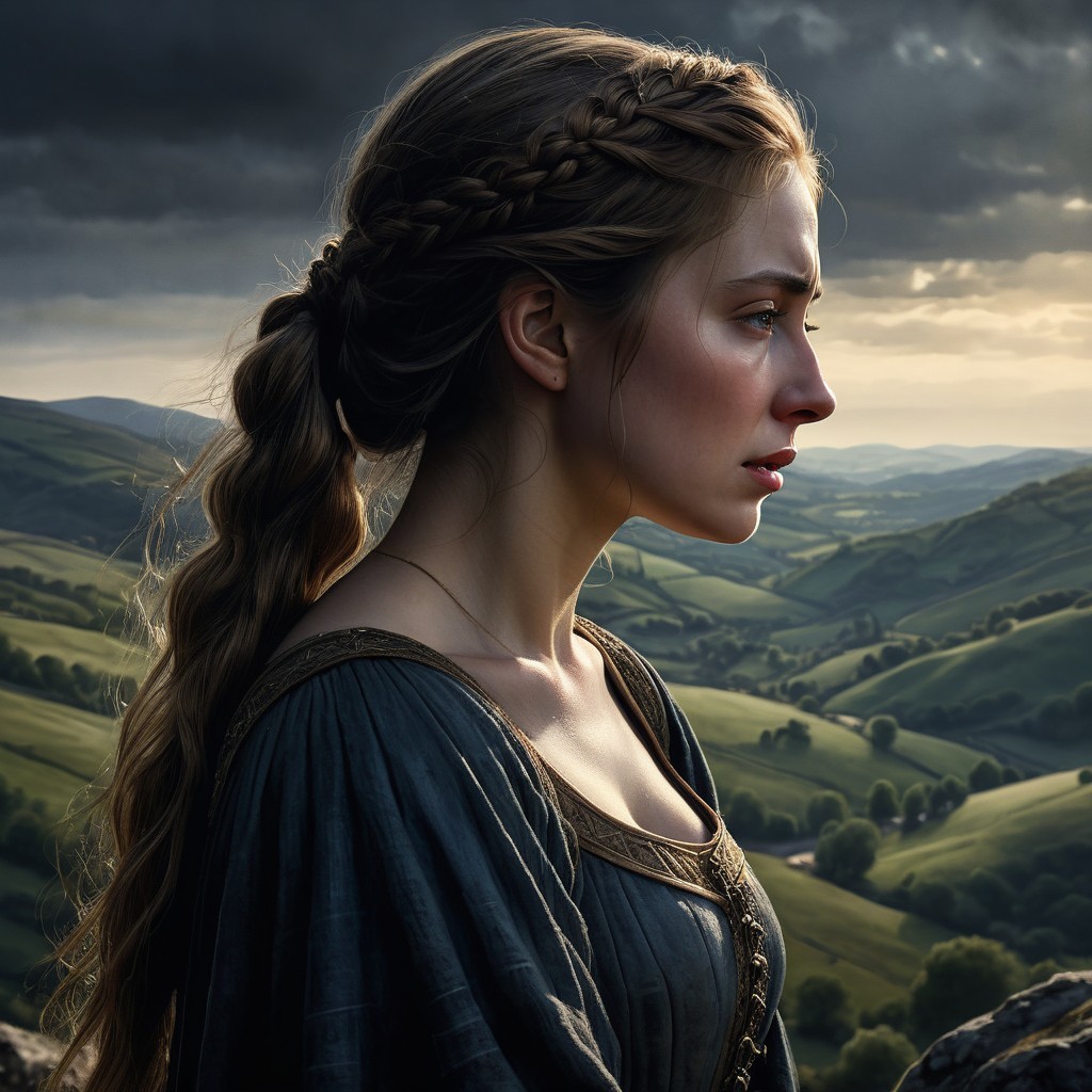 Young woman in medieval dress against dramatic sky