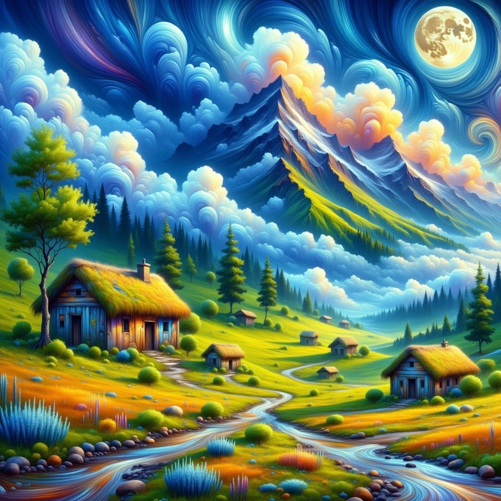 Vibrant Dreamlike Landscape with Mountains and River