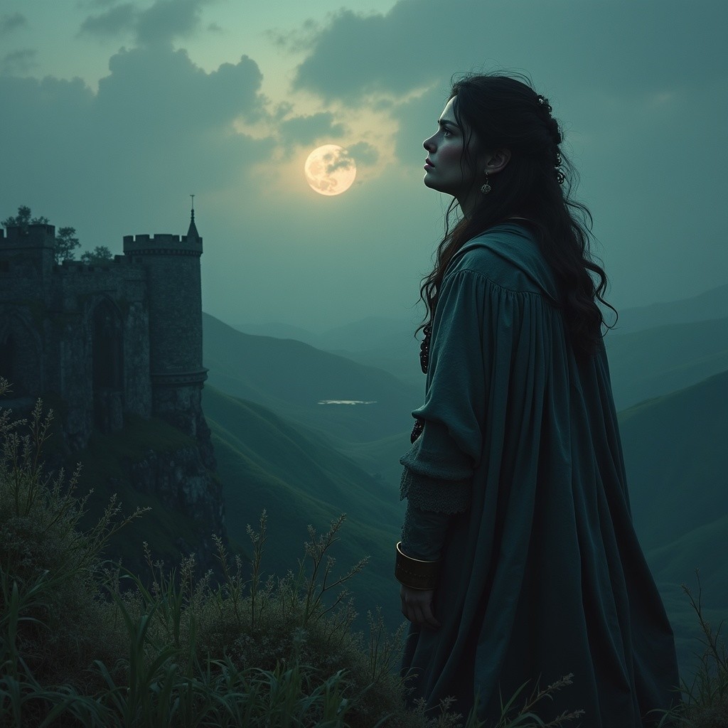 Young woman gazing at full moon near ancient castle