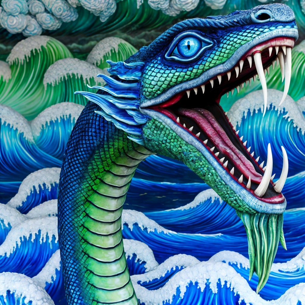 Vibrant Dragon-Like Creature Amidst Ocean Waves