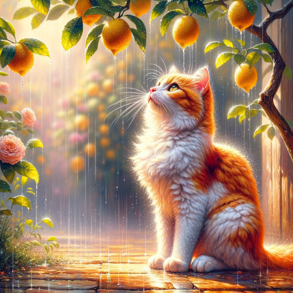 Fluffy Cat on Stone Path with Rainy Fruit Tree