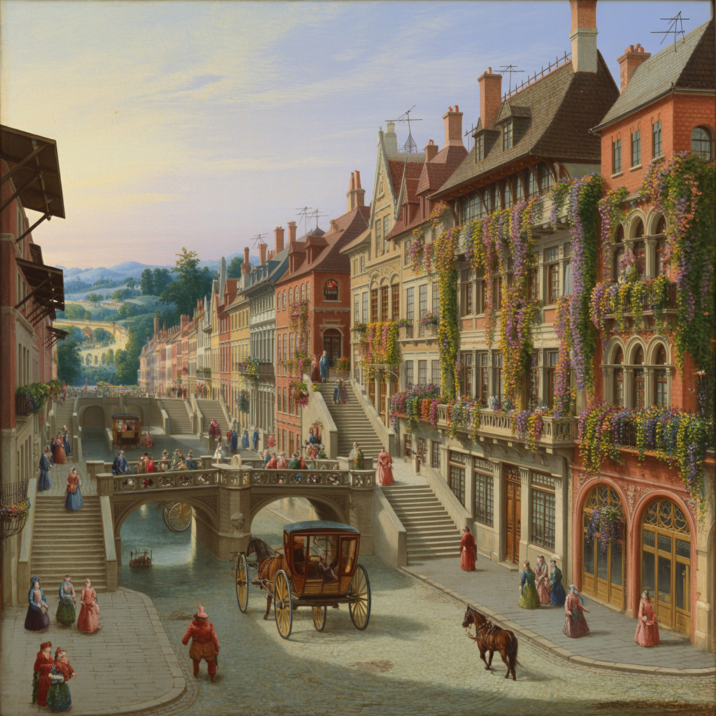 Charming European Town Street Scene Oil Painting