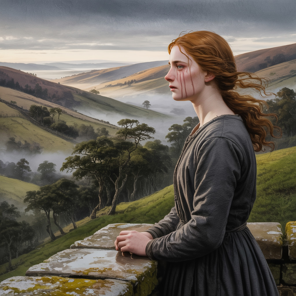 Young woman on stone wall in misty landscape