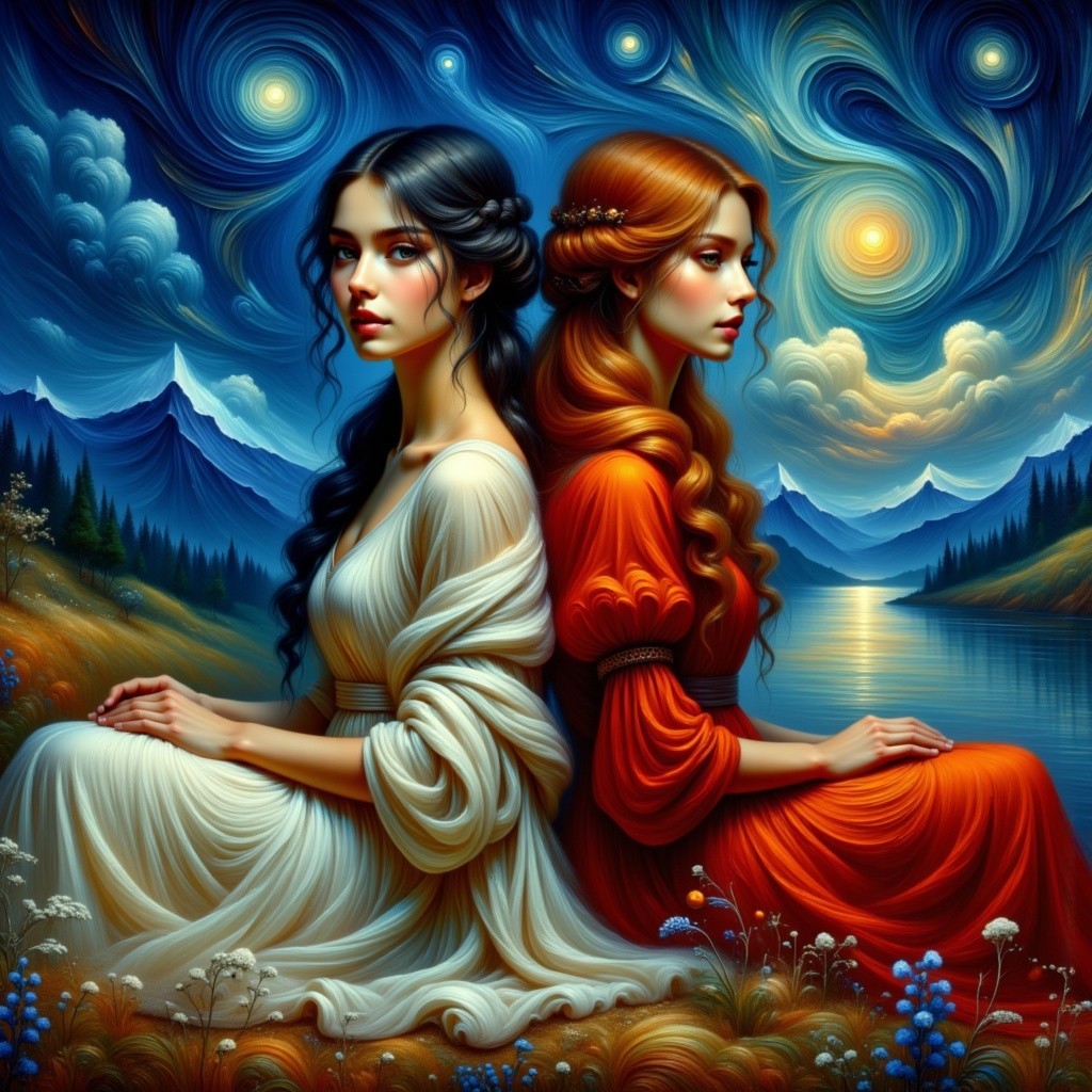 Young women in a fantasy landscape at twilight