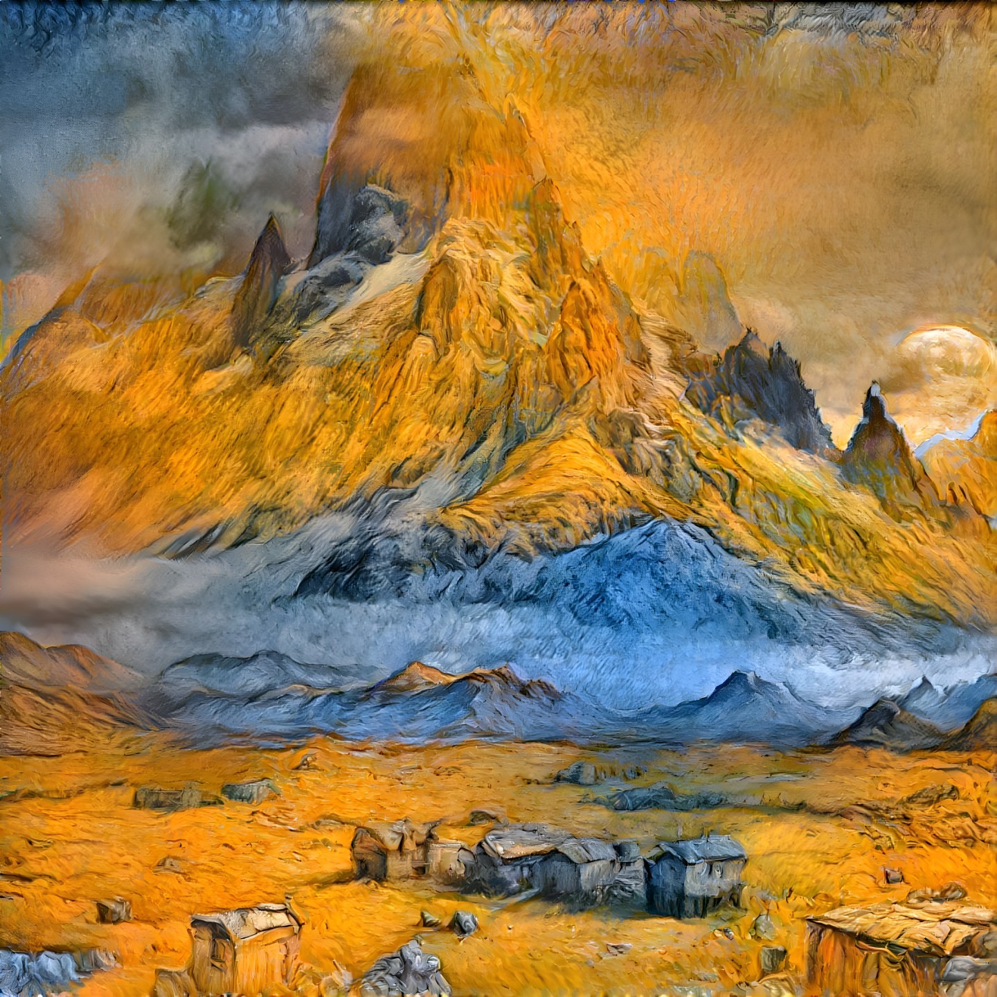 Surreal Landscape with Mountain and Huts in Golden Grass