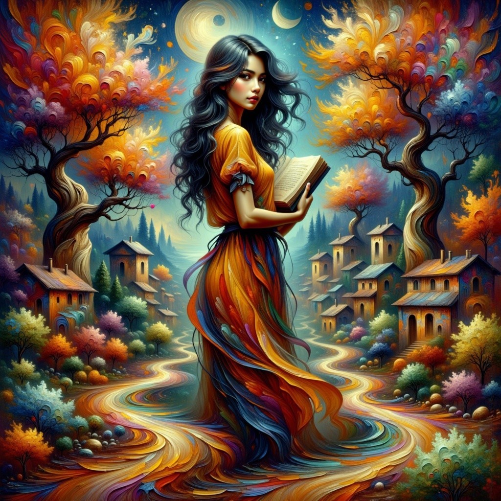 Detailed Fantastical Painting of a Woman with Book