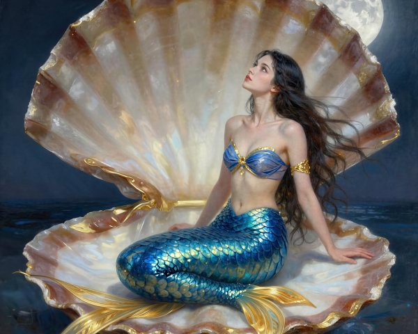 Mermaid in Scallop Shell Under Full Moonlight