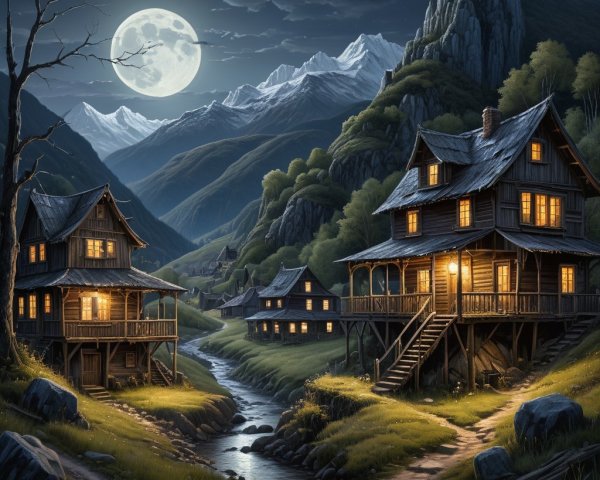 Moonlit Mountain Village with Wooden Houses and Creek